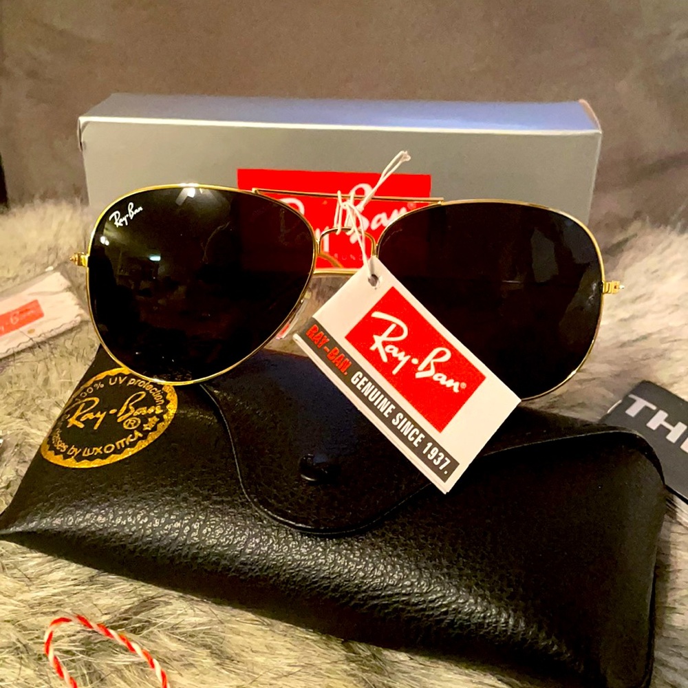 Ray Ban SunGlasses ( Black lens /Gold trim) with Carrying case, box, & more